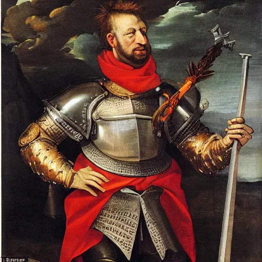 Image similar to donald trump, wearing knight ’ s armor, holding a spectacular broadsword, by annibale carracci, two arms, two legs, symmetrical face, detailed face