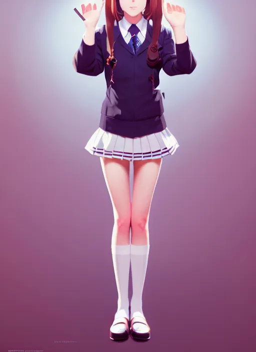 Prompt: full body beautiful and cute and aesthetic school girl greeting, very slightly smiling, wave a hand at the camera, perfect face, symmetric eyes, sharp focus, specular reflection, occlusion shadow, artstation, by ilya kuvshinov and jeremy lipking, light novel cover art, 3 d epic illustrations, symmetric body, model pose