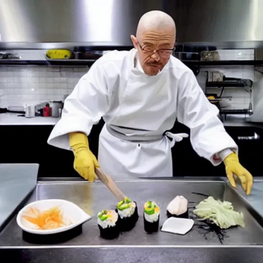 Image similar to photo of Walter white cooking sushi wearing a maid costume