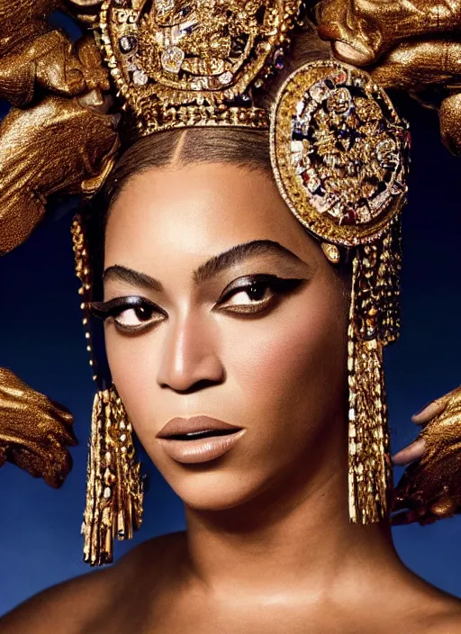 Image similar to photo of beyonce styled by nick knight posing, intricate headpiece, showstudio, face close up, vogue magazine, 2 0 2 0, canon, highly realistic. high resolution. highly detailed. dramatic. 8 k. 4 k. zeiss lens, canon eos, cinematic lighting, photography, film still