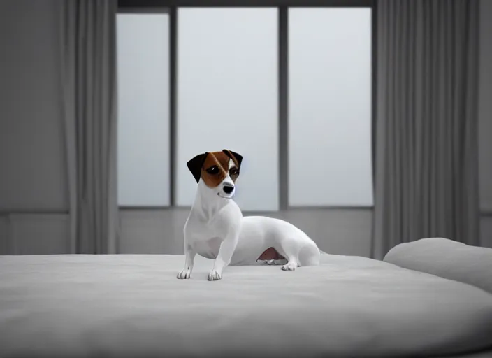 Image similar to photography of a Jack Russel . watching outside the window. on a bed .in a 3d rendered white room. octane render, 3d, foggy, volumetric light, volumetric fog, photorealistic, unreal engine 5, award winning photo, 100mm, sharp, cloth, high res