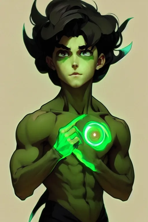 Image similar to a full body character design by artgerm, cushart krenz, greg rutkowski and alphonse mucha. young danny phantom!! glowing green eyes!! sharp teeth!! symmetrical background, face sharp edges. ultra clear detailed. 8 k. ultra detailed, elegant, intricate, octane render.