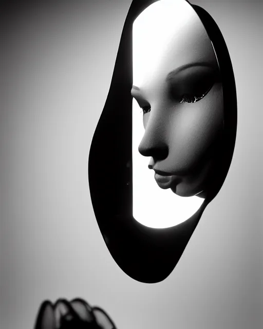 Image similar to black and white high quality photo of a female AI-queen-dragon-meshes-mannequin looking into a sci-fi mirror, volumetric lighting, brutalism, foggy, dreamy, hyperdetailed, bokeh, photorealistic, cinematic, masterpiece, elegant, dark, by Man Ray in the style of Horst P. Horst, octane render, 8K,