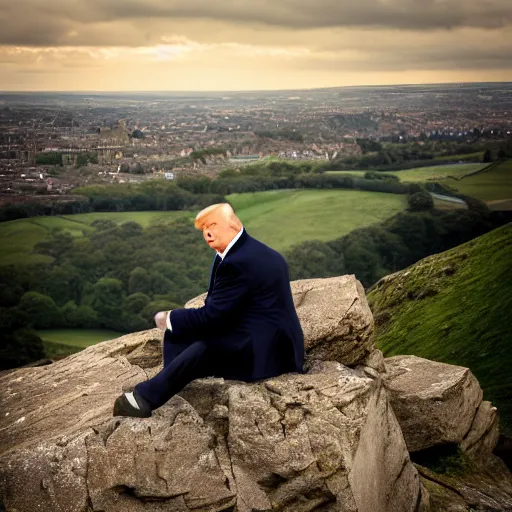 Image similar to donald trump sitting on almscliff crag in leeds england 8k highly detailed photograph, award winning, beautiful lighting, daytime view