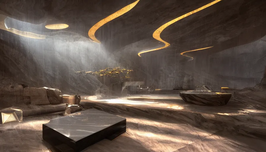 Image similar to a futuristic apartment interior in the style of a waterfall cave, tiger skin carpet, Greek marble statue, high ceiling, dark moody lighting, foggy atmosphere, 16mm lens, by Craig Mullins and frank lloyd wright, octane rendering