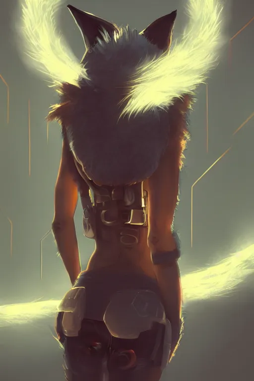 Image similar to an anthropomorphic cyberpunk fox with a fluffy tail, backlighting, trending on artstation, digital art, furry art, trending on furaffinity, fantasy art, by kawacy, view from behind