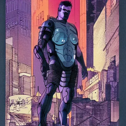 Image similar to Batou in the style of Ghost in the shell. Moebius, cyberpunk, masterpiece