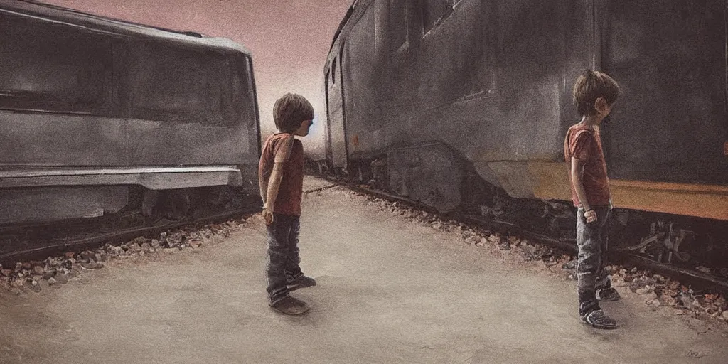 Prompt: very detailed and perfectly readable fine and soft relevant out of lines soft edges painting, of a very scared boy looking at a train that is standing in an abandoned station, moody, scary, night time