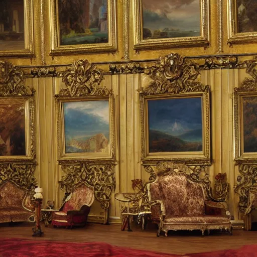 Image similar to 8k highly detailed oil matte painting by Charles Landelle of an art gallery wall with many oil paintings, decadent throne room, ornate furniture, ornate French architecture