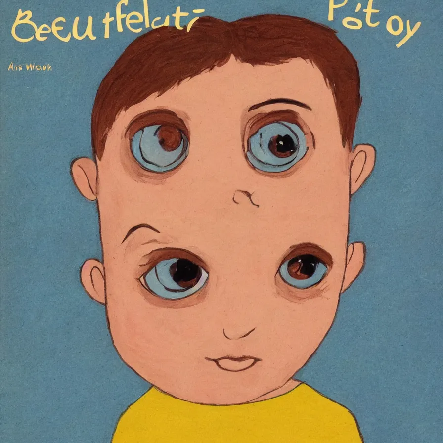 Image similar to a beautiful boy with large eyes and small nose, children's book cover