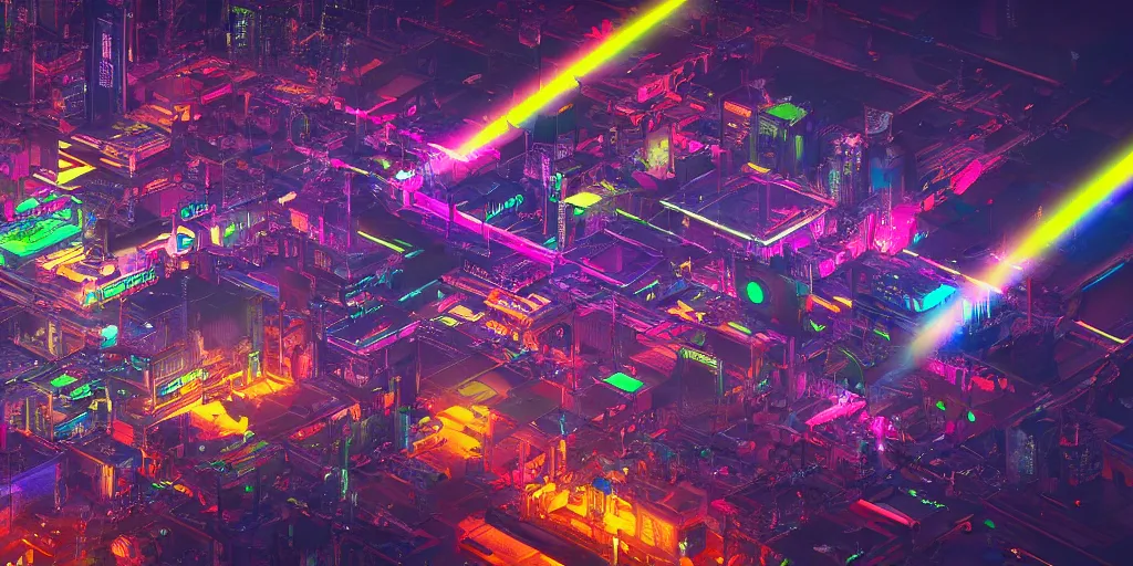 Prompt: Cyberpunk coloseum, birds eye view, rgb lights, futuristic, scifi, advanced technology, neon, high quality, trending on artstation, high detail, by Gabriel Björk Stiernström