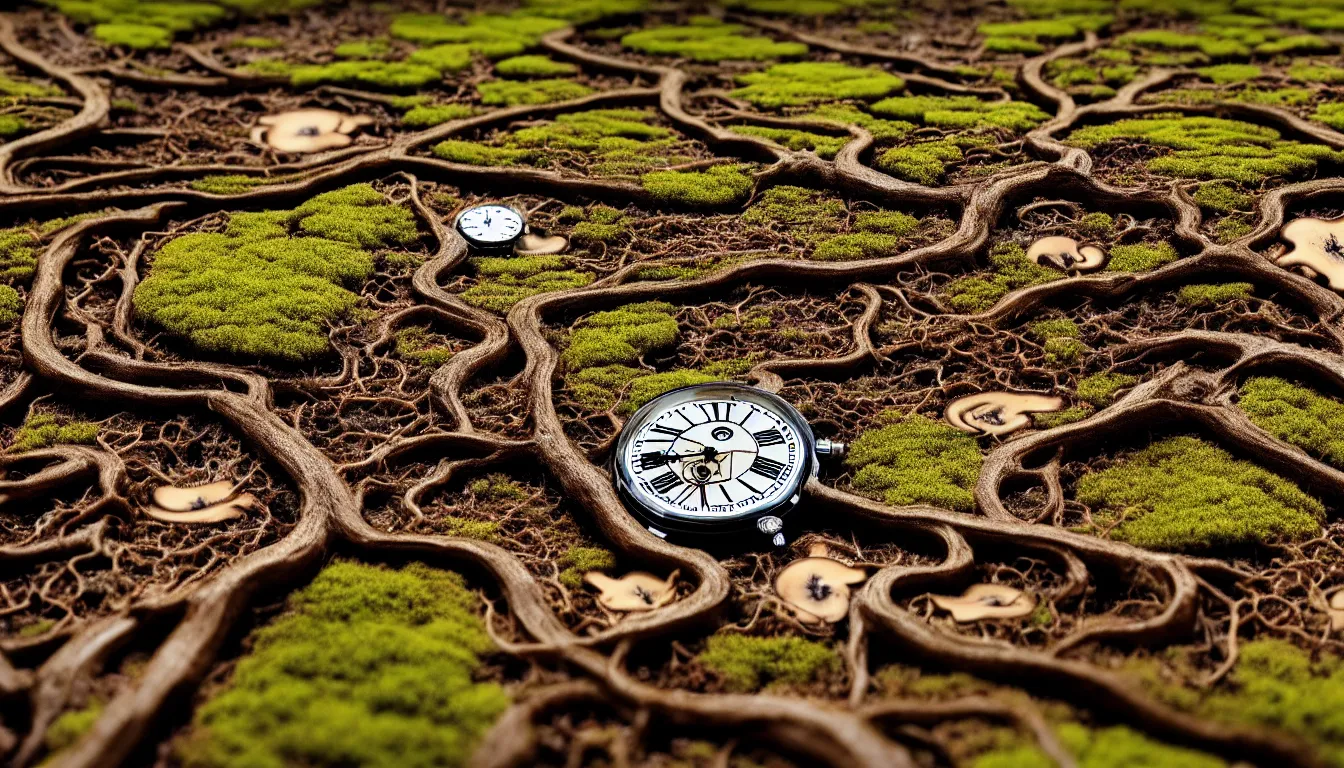 Image similar to detailed view from inside a clockwork watch japanese landscape, entangled roots covered in mushrooms, cracked earth, living spore microorganisms, decaying, rusty, hyper realistic photo, full colour, upscale, 8 k