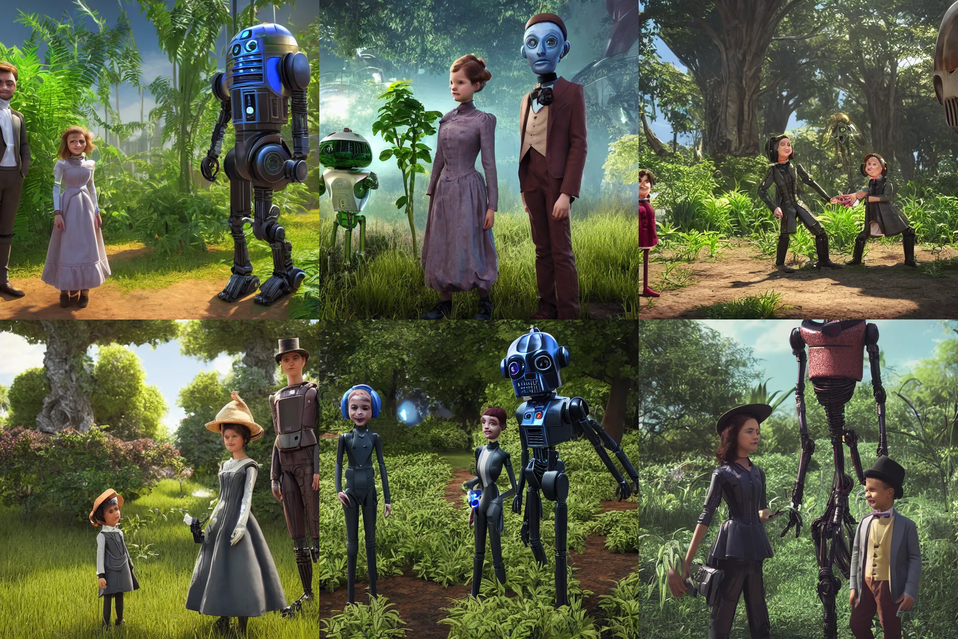 Prompt: a girl and a boy standing next to some alien plants, looking happy, wearing victorian clothes, their pet droid is nearby, in a park on a alien planet, ultra realistic facial details, enhanced faces, ultra photorealistic raytracing, 8k