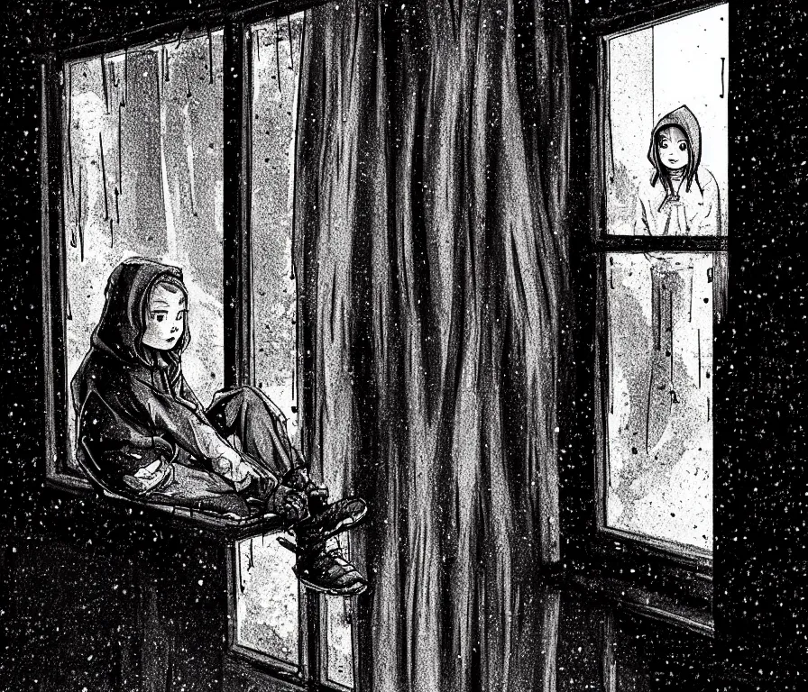 Prompt: sadie sink in hoodie sits on windowsill, knees tucked in | rain falls at night : storyboard, scifi cyberpunk. by gabriel hardman, chris bonura. cinematic atmosphere, detailed and intricate, perfect anatomy