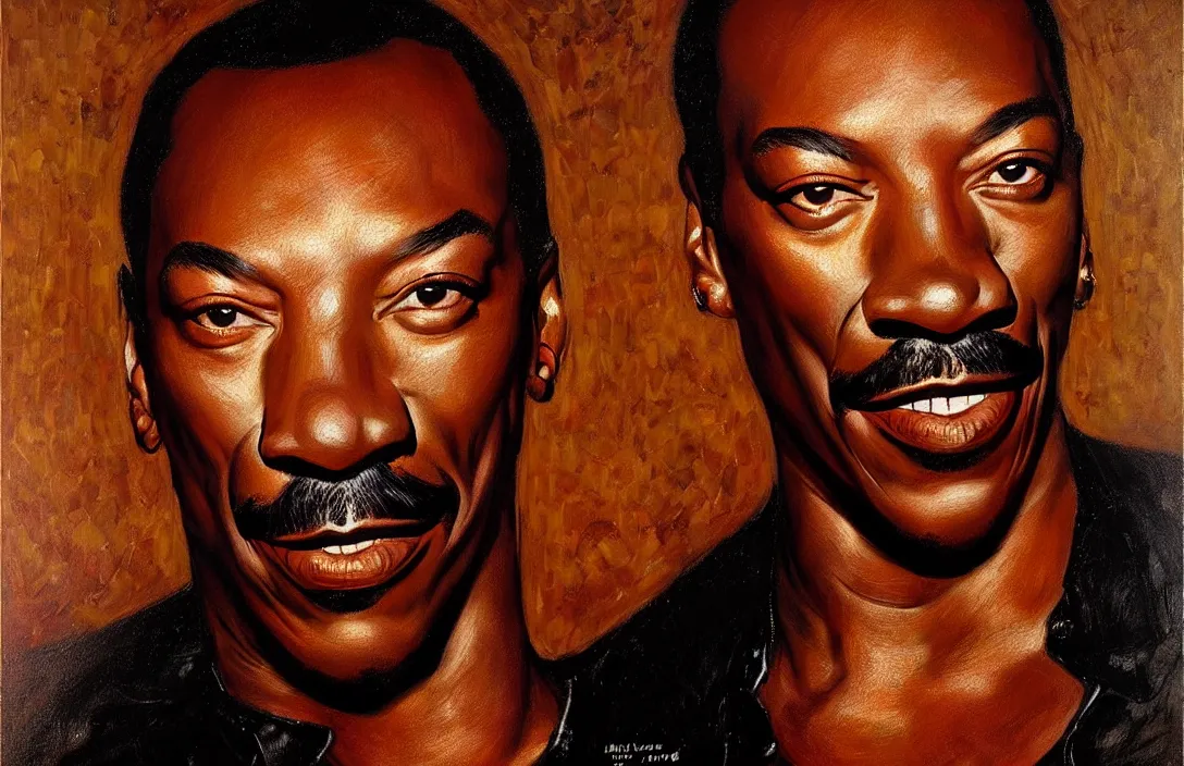 Image similar to portrait of eddie murphy!!!!!!!!!!!!!!!!!!!!!!!!!!!, detailed face, detailed painting,, epic lighting, by ilya repin, phil hale and kent williams