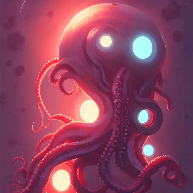 Image similar to portrait of cute octopus tentacle space girl with glowing red eyes, warhammer, cyberpunk by atey ghailan, by greg rutkowski, by greg tocchini, by james gilleard, by joe gb fenton, by in kaethe butcher, dynamic lighting, gradient light blue, brown, blonde cream and white color in scheme, grunge aesthetic, dark background