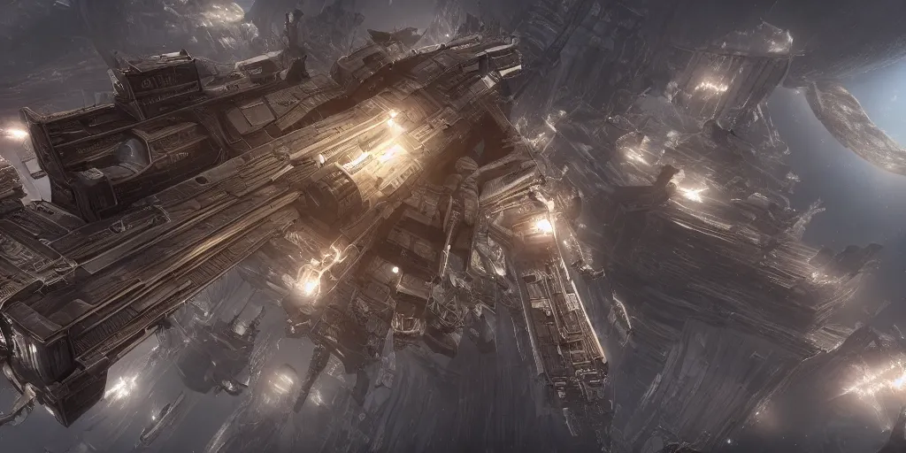 Image similar to a highly detailed roid ship, stellar architecture, chaotic atmopshere, unreal engine, very detailed