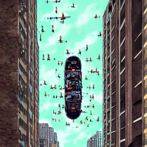 Image similar to You see yourself descending from a building to the ground, You spin to see the traffic rising up, surreal, digital art, artstation