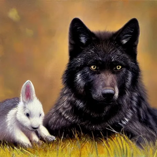 Image similar to a beautiful black wolf with red eyes curled around a small, fragile and cute white rabbit to protect it from the dangerous forest that is all around them, oil painting, award winning, 4k, high quality, high detail