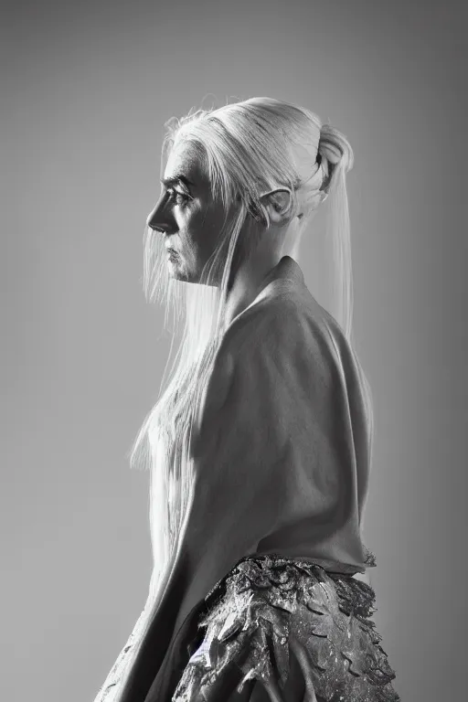 Image similar to beautiful girl with ice white hair wearing long futuristic highly detailed dark cloak designed by yohji yamamoto standing in a shadow of the soft light, mystery, mysterious, soft muted colors, simple shapes, wes anderson, golden ratio, perfect composition, happiness, cannon ef 6 5 mm f / 2. 8