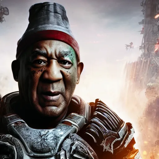 Image similar to asian!! bill cosby with conical hat in gears of war, splash art, movie still, cinematic lighting, dramatic, octane render, long lens, shallow depth of field, bokeh, anamorphic lens flare, 8 k, hyper detailed, 3 5 mm film grain