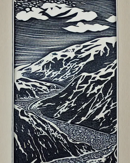 Image similar to an award winning Wood engraving on paper of The Canadian mountains