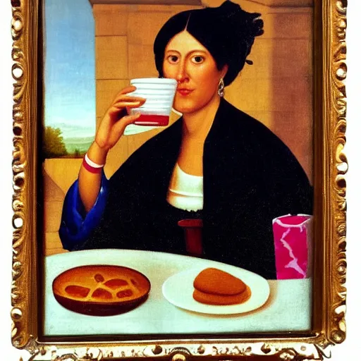 Prompt: A beautiful Jewish-Mexican woman peacefully sips a soda at a café at sunset with a plate of beignets before her, Renaissance oil painting