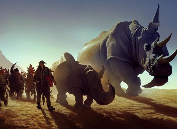 Image similar to the big large expedition with a crowd of adventurers being brought by gigantic rhinos carrying stuff towards the desert of duhnes medium shot, studio ghibli animation, anime key art by craig mullins, bloom, dramatic lighting