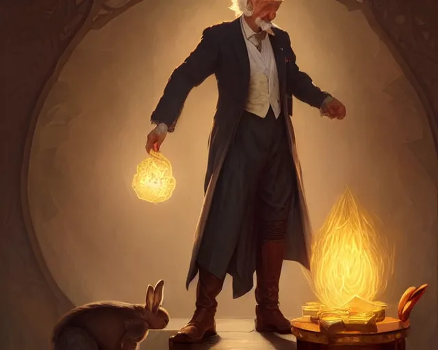 Image similar to an old man magician pulling a rabbit out his hat, deep focus, d & d, fantasy, intricate, elegant, highly detailed, digital painting, artstation, concept art, matte, sharp focus, illustration, hearthstone, art by artgerm and greg rutkowski and alphonse mucha