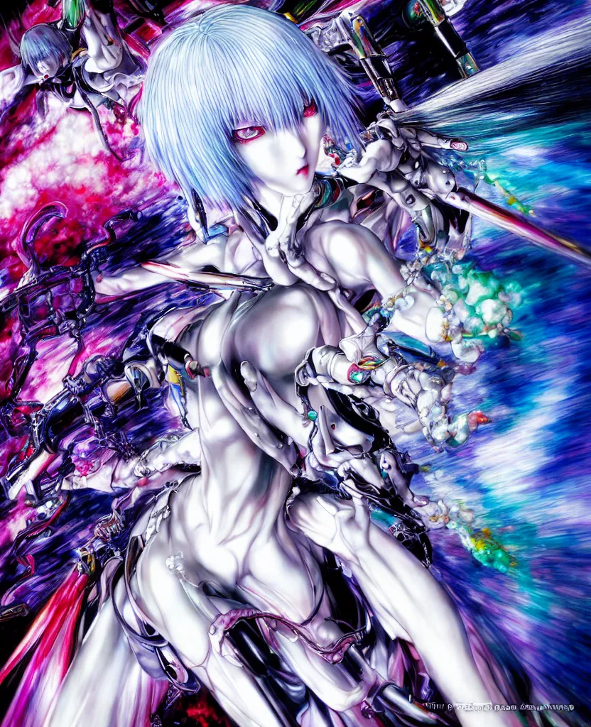 Image similar to realistic detailed image of ultra wrathful rainbow diamond nightmare mega rei ayanami, depth perception, depth of field, action horror, gothic, rich deep colors. by yoshitaka amano, by yukito kishiro, by yoshiyuki sadamoto, masterpiece