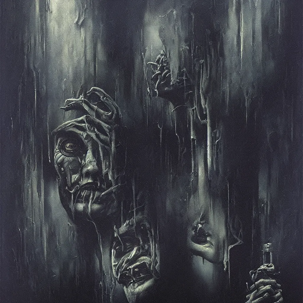 Image similar to futuristic portrait of bill hicks smoking in the style of hans giger, dark atmosphere, lovecraftian background, lynchian atmosphere, film noir, concept art, art by kuvshinov ilya and zdislav beksinski and wayne barlowe and hans giger