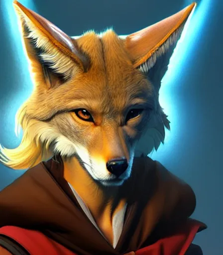 Prompt: beautiful portrait of a female anthro furry coyote wearing jedi robes. character design by charlie bowater, ross tran, artgerm, and makoto shinkai, detailed, soft lighting, rendered in octane