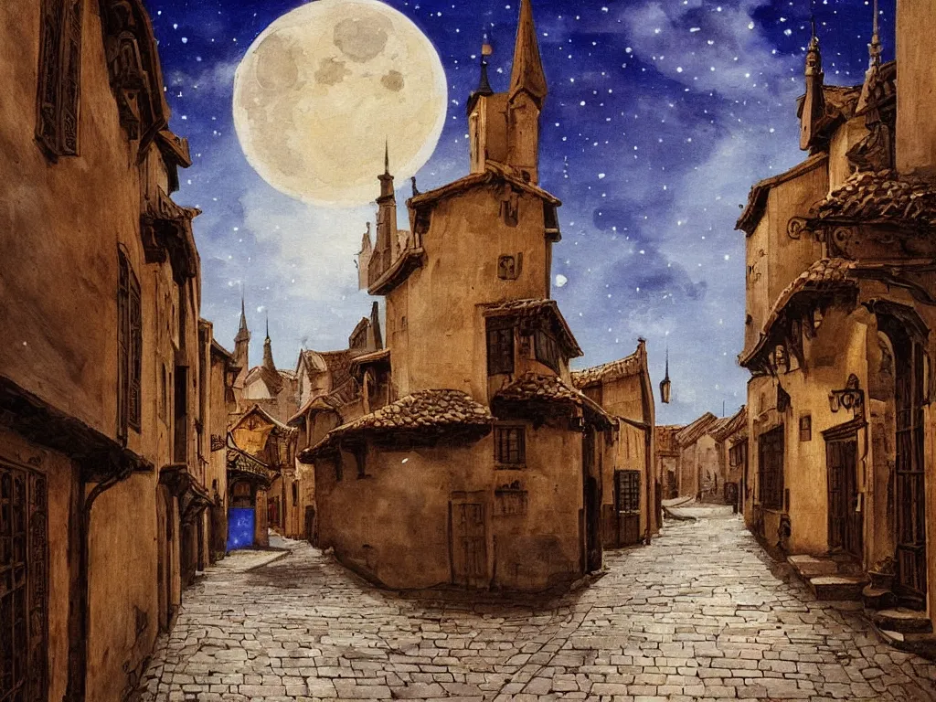 Prompt: moonlit medieval city street, moon covered with long horizontal clouds, natural colors, medieval painting