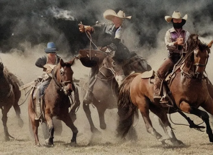 Image similar to a cowboy horse chase vigilantes with face masks disguise, shoot out, exploding horse wide shot, from the hit 1 9 9 0 s tv show on tnt