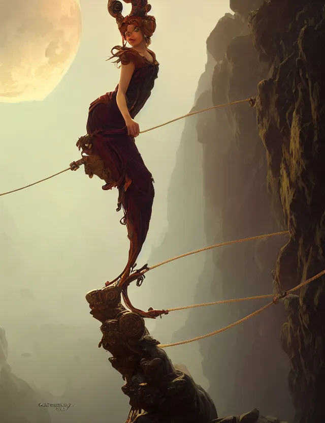 Prompt: photography alexey gurylev, on a tightrope over the abyss, serene, lunar, deep focus, d & d, fantasy, complex, elegant, highly detailed, digital painting, artstation, concept art, matte, clear focus, illustration, hearthstone, artgerm art, greg rutkovsky and alphonse mucha