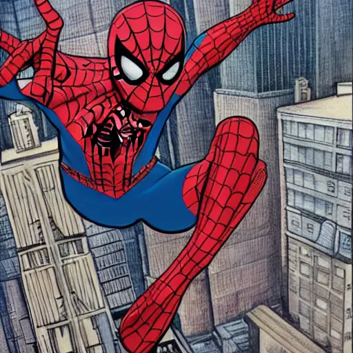 Image similar to spiderman swing on the new york, marvel illustration, by ghibli