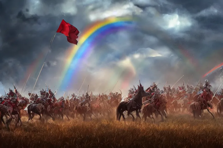 Image similar to Majestic powerfull red white Winged Hussars cavalry horde charging at ugly rainbow demons and trolls on ground, huge golden cross above them on the sky, white red eagle helping hussars, blood, snow, wide angle, professional kodak lenses, magic, fire, face painting, dramatic lighting, intricate, wild, highly detailed, digital painting, artstation, concept art, smooth, sharp focus, illustration, art by artgerm and greg rutkowski and alphonse mucha, footage from space camera