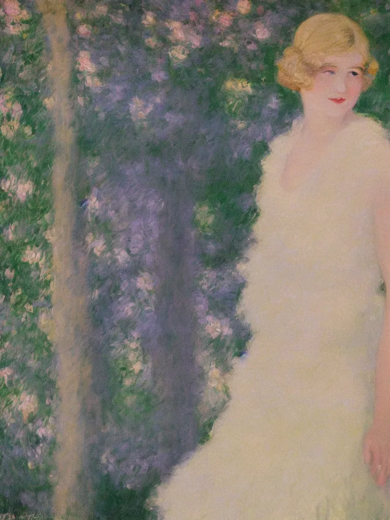 Image similar to portrait of < zelda fitzgerald > as a beautiful young lady wearing 1 9 2 0 s fashion, blurry face, fair, slim, fair, severe out of focus, depth of field, pleinairism, in the sun, backlit, closeup, oil on canvas, atr by monet, in the style of le promenade, smooth, impressionnisme, 8 k