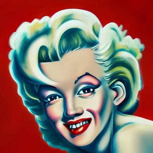 Prompt: beautiful lifelike painting of marilyn monroe on my back, art by ed roth and basil wolverton