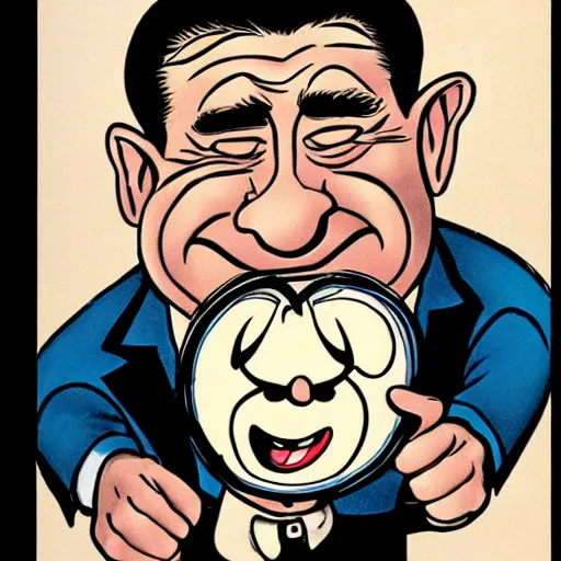 Prompt: cartoon caricature of scowling robert deniro holding a smiley face balloon by bill ward and hirschfeld