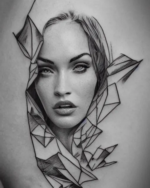 Image similar to creative double exposure effect tattoo design sketch of megan fox with beautiful mountains, realism tattoo, in the style of andrey lukovnikov, amazing detail, sharp