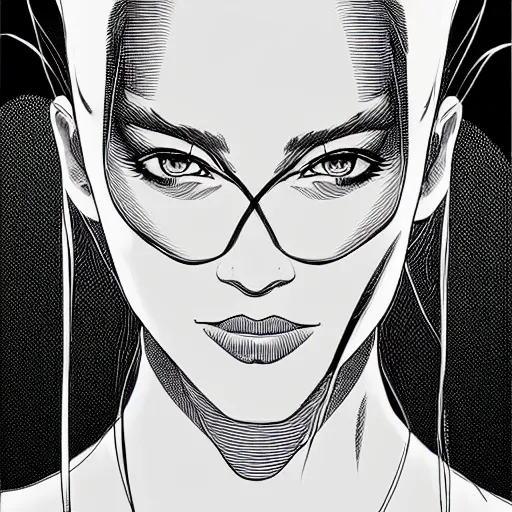 Image similar to clean simple line art of a woman. white background. well composed, clean black and white line drawing, beautiful detailed face. illustration by josan gonzalez and steve ditko and greg rutkowski