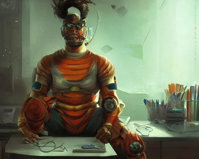 Image similar to an insanely detailed painting of an asian man wearing a homemade superhero costume, sitting at a desk, staring at the nervously at the computer and typing, in the style of peter mohrbacher, dramatic lighting and composition, surreal background, octane render, pixar, trending on artstation, concept art, comic book, view from behind