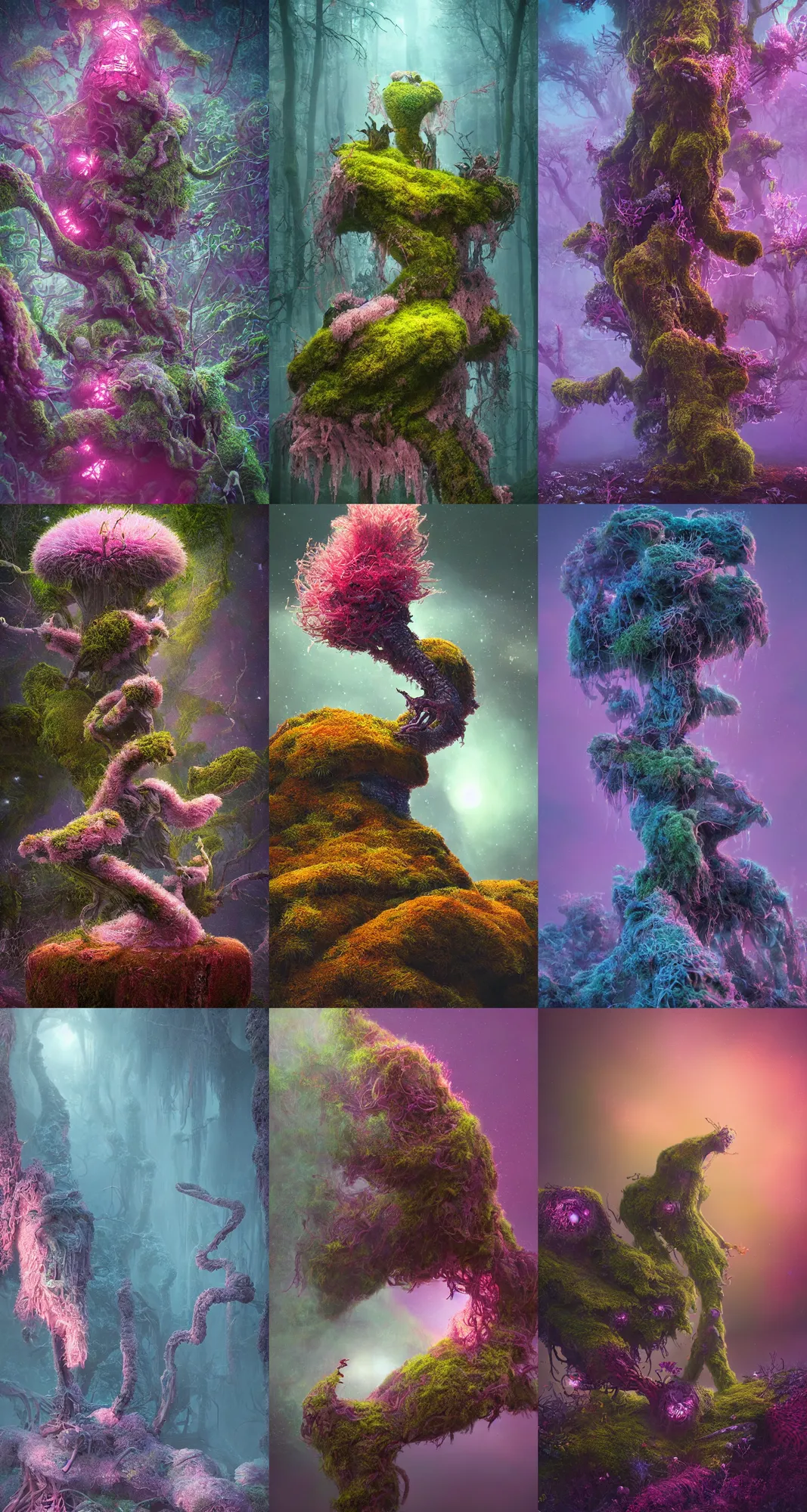 Image similar to a beautiful macro photography of moss with alien fungus, hyperdetailed, warm volumetric lights, pinks, blues, made by gerald brom and mike winkelmann