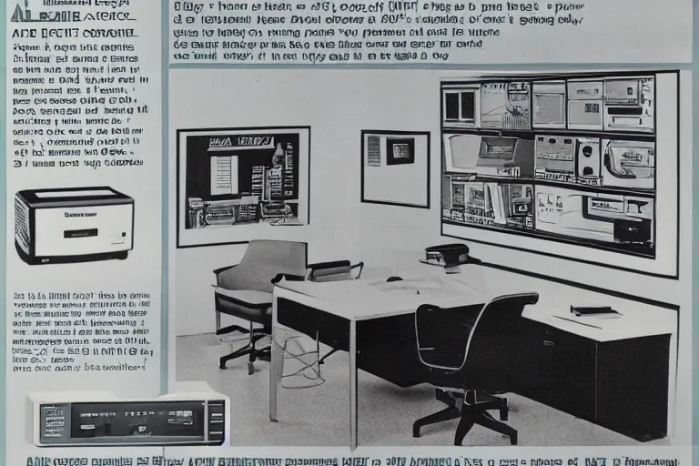 Image similar to a 1 9 8 5 electronics ad depicting an office in the style of andy zito