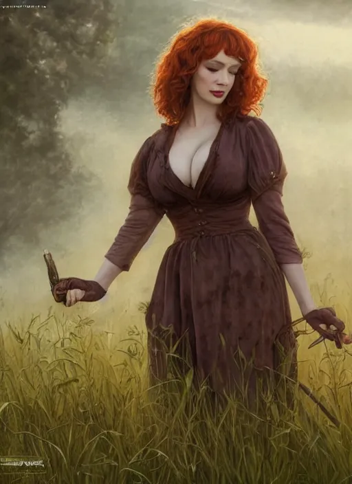 Image similar to Christina Hendricks taking a rest in a meadow after an long adventure, a ruggedly muscled handsome heroine, intricate, elegant, highly detailed, centered, digital painting, artstation, concept art, smooth, sharp focus, illustration, artgerm, donato giancola, Joseph Christian Leyendecker, WLOP, Artgerm, thunder storm