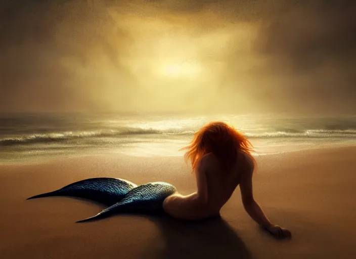 Prompt: a mermaid lying on the shore of a golden sand beach alone around volumetric lighting, digital painting, highly detailed, artstation, sharp focus, illustration, concept art, ruan jia, steve mccurry, amazing composition