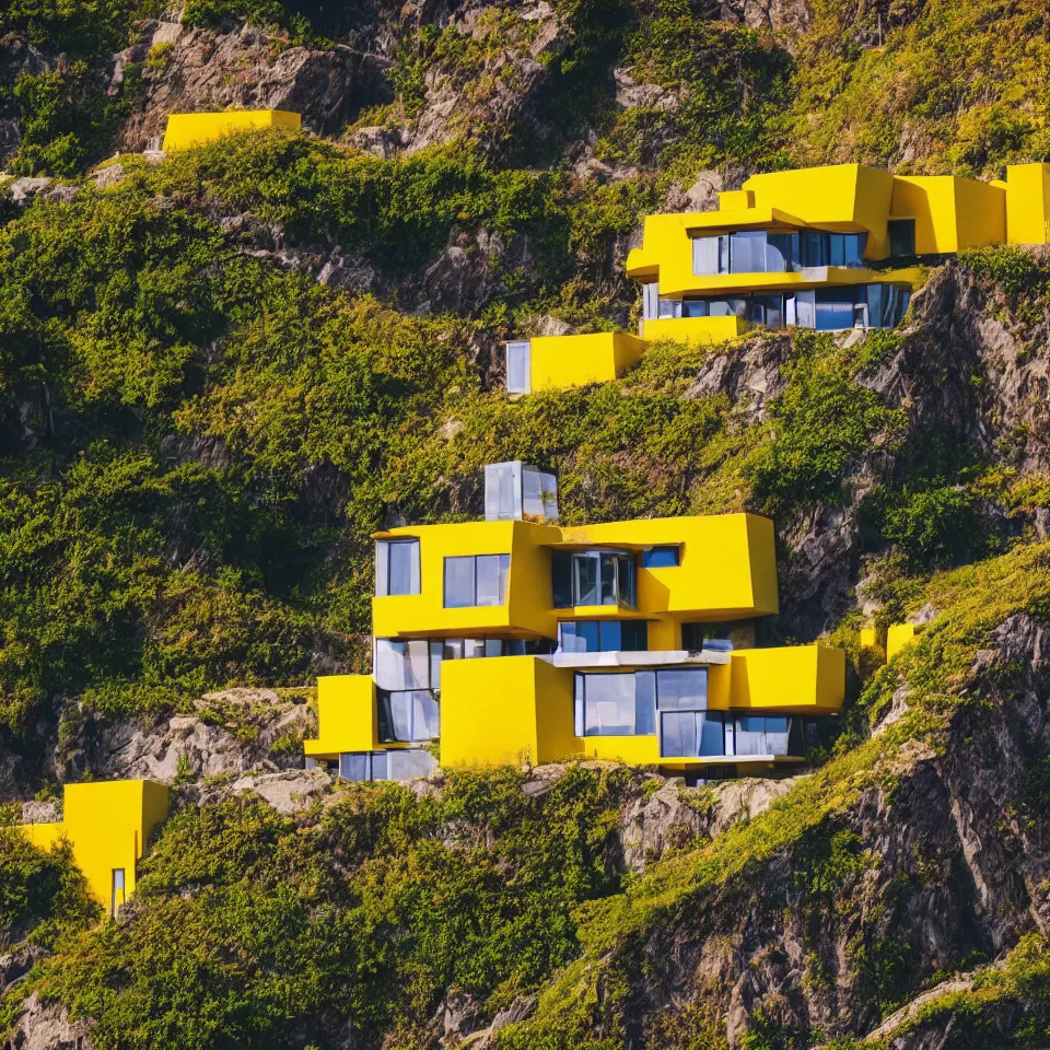 Prompt: a tiny flat horizontal house on a cliff, designed by Frank Gehry. Big tiles. Small wooden pathway . Film grain, cinematic, yellow hue