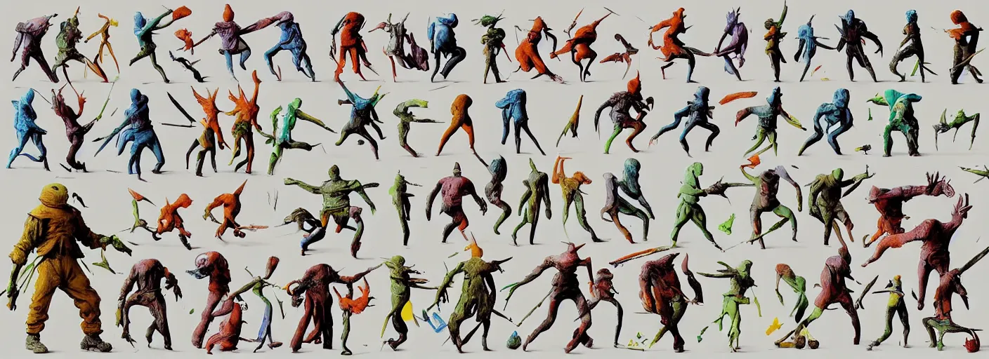 Image similar to full - body surreal colorful clay fighting ( armored ) rpg character concept art anatomy, action pose, very coherent and colorful high contrast masterpiece by norman rockwell franz sedlacek hieronymus bosch dean ellis simon stalenhag rene magritte gediminas pranckevicius, dark shadows, sunny day, hard lighting, reference sheet white! background
