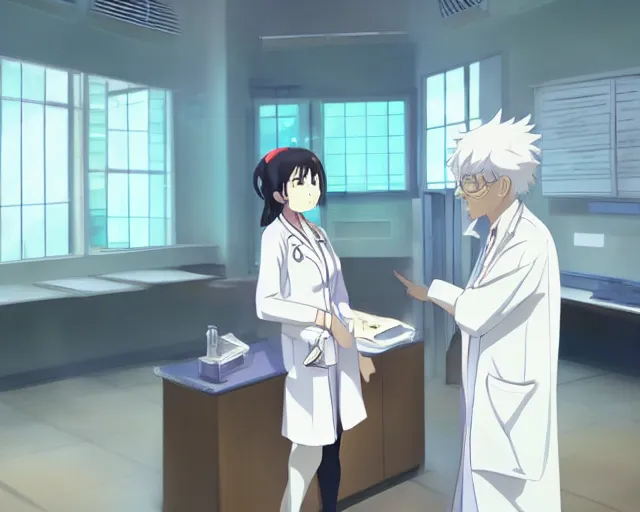 Image similar to a cute and beautiful young female doctor wearing white coat are talking with an old professor in a hospital, slice of life anime, lighting, anime scenery by Makoto shinkai